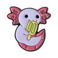 Cute purple axolotl enamel pin holding a green popsicle with pink gills and tail accents - Eating Popsicle Style (QHXZ3902)