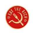 Close-up of a circular red enamel badge featuring Eat The Rich text and gold hammer and sickle - Eat The Rich Round Style (QHXZ4093)