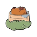 Cute enamel pin with green crocodile carrying a capybara in a pink bamboo steamer - Steamer Capybara Crocodile (QHXZ4081)