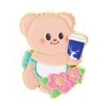 Cartoon pink bear enamel brooch holding a coffee cup with floral accents and gold trim - Pink Bear with Cup (QHXZ4231)