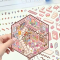 3D pink candy house DIY miniature scene sticker set with colorful cartoon furniture pieces - Candy Cottage