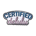 Modern enamel brooch with blue Certified and pink Delulu text in stylish typography - CERTIFIED delulu (QHXZ4101)
