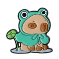 Insigne mignon de capybara en émail portant un imperméable grenouille verte avec feuille - Capybara en Sweat à Capuche Grenouille (QHXZ4127)