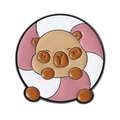 Round enamel pin featuring a brown capybara on a pink and white spiral background - Round Candy Decor Capybara Style (QHXZ4134)