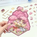 Detailed DIY 3D Sakura Onsen miniature stickers featuring cute rabbits and Zen architecture - Sakura Onsen