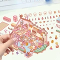 Detailed close-up of DIY cartoon miniature house stickers with cute animals and bakery items - Candy House