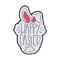 Osterhasen Emaille Anstecknadel mit Happy Easter Text in Weiß und Rosa Metall-Finish - Handschriftlicher Fröhliche Ostern Stil (QHXZ4267)