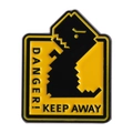 Angry dinosaur enamel pin with Danger Keep Away text in yellow and black finish - Yellow Dinosaur Warning Sign Style (QHXZ4490)
