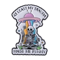 UFO and skeleton enamel pin badge featuring At Least My Trauma Made Me Funny quote - Qhxz4568