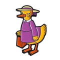 Spilla in smalto papera gialla con cappello di paglia e vestito viola con valigia arancione - Stile Viaggio con Valigia (QHXZ4652)