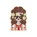 Detail of vintage girl enamel pin with white daisy sunglasses and striped red collar - Girl with Daisy Sunglasses (QHXZ4612)