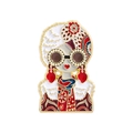 Detail view of retro Russian doll enamel brooch with heart earrings and vintage patterns - Girl with Fur Hat (QHXZ4614)