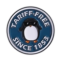 Cartoon penguin enamel pin with sunglasses and TARIFF-FREE text on blue border - Penguin Style (QHXZ4668)