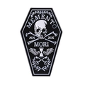 Coffin-shaped Memento Mori enamel pin with skull and hourglass on white background - Black Coffin Style (QHXZ4560)