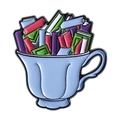 Spilla smaltata tazza da tè azzurra con libri colorati e bordi in metallo nero - Stile Tazza da Tè(QHXZ4713)