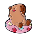 Cute Capybara enamel pin badge featuring a pink floral swim ring for clothing accessories - Swimming Ring Style (QHXZ4735)