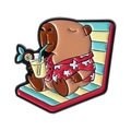 Cartoon capybara enamel pin wearing a Hawaiian shirt relaxing on a striped beach chair - Drinking Juice Style (QHXZ4736)
