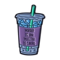 Cartoon enamel bubble tea pin in purple and blue with Spanish quote and straw detail - Purple Drink Cup Style (QHXZ4724)