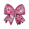 Pink enamel medical bow brooch with stethoscope and pill bottle patterns on white background - Bowknot Medical Elements Style (QHXZ4185)