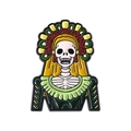 Day of the Dead skeleton enamel pin with red roses and green attire for Halloween - Catrina Red Flower Dress Style (QHXZ4818)