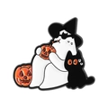 Halloween-Emaille-Pin mit weißem Geist im Hexenhut, schwarzer Katze und Kürbisfiguren - Geist Schwarze Katze Trinkend Stil (QHXZ4901)