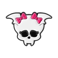Cute gothic skull enamel pin featuring pink bows and cartoon skeleton head design - Pink Bow Skeleton (QHXZ4960)