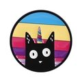 Round enamel cat unicorn pin with black cat head and colorful spiral horn on rainbow stripes - Round Rainbow Caticorn (QHXZ4950)