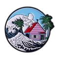 Creative enamel pin featuring ocean waves, coconut trees and a red house on white background - Seaside Landscape Anime House (QHXZ4944)