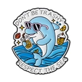 Blue dolphin enamel brooch featuring Don't Be Trashy slogan and sunglasses - Eco Dolphin Theme (QHXZ4981)