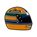 Spilla smaltata a forma di casco da corsa con iconico design giallo verde blu - Stile Casco da Corsa (QHXZ5088)