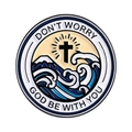 Round enamel cross brooch featuring blue ocean waves and Don't Worry God Be With You text - Round Wave Mountain Cross Style (QHXZ5075)
