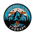 Outdoor enamel hiking pin with mountain landscape and Hiking Is My Therapy text - Round Hiker Style (QHXZ5073)