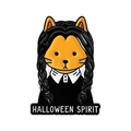 Wednesday cat enamel pin with black braids and Halloween Spirit text on white background - Halloween Spirit Cat (QHXZ5198)