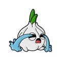 Cute cartoon crying garlic enamel pin with green sprout and blue tears on white background - Crying Garlic Expression Style (QHXZ5155)