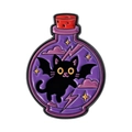 Whimsical purple magic bottle enamel pin with a black bat-winged cat and pink clouds - Round Potion Bottle Black Cat Style (QHXZ5304)