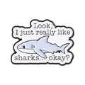 Cute cartoon shark enamel pin with 'I just really like sharks' text in light blue - Cartoon Shark Funny Text Style (QHXZ4965)