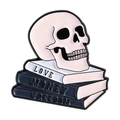Enamel pin with skull on books featuring Love, Money, and Freedom text for Halloween - Skull On Stacked Books Style (QHXZ5378)