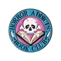 Spilla tonda in smalto con teschio e libro per il club Horror Addicts Book Club - Stile Club del Libro Dipendenti dall'Horror (QHXZ5286)