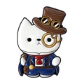Detalle de un pin esmaltado de gato steampunk blanco con sombrero de copa y monóculo - Gato Blanco Steampunk (QHXZ5386)