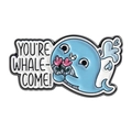 Cute sky blue enamel whale pin with pink bouquet and You are Whale-come pun text - YOU'RE WHALE-COME! Spouting Whale with Flower Style (QHXZ5332)
