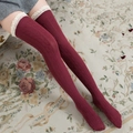 Japanese style burgundy over-knee cable knit socks with cream lace trim for women - One Size / Burgundy