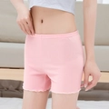Pink seersucker safety shorts with ruffled lettuce edges for a slim fit look - S / Pink
