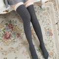 Dark grey over-knee socks with cable knit patterns and delicate white floral lace trim - One Size / Dark Gray