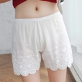 Women's white cotton safety shorts with delicate floral hollow lace hem decoration - S / Plum Blossom Embroidery / White