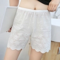 White cotton safety shorts with floral lace embroidery and elastic waistband - S / Four-leaf Clover Embroidery / White