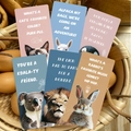 Set of 6 cute cartoon animal bookmarks with pun jokes in soft Morandi colors - Animal Puns Collection