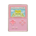 Pink retro game console enamel pin featuring cute green frog characters and cloud design - Pink