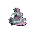 Pink enamel witch hat badge with flowers and 'A Little Spooky A Little Sweet' text - Spooky Sweet Wizard Hat (xz8547)