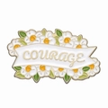 Broche marguerite en émail avec bannière COURAGE et feuilles vertes sur fond blanc épuré - Style Bannière Marguerite COURAGE (XZ8553)