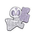 Skull enamel pin with 'DIDN'T STAB ANYONE TODAY!' text in purple and white colors - Purple Speech Bubble Skeleton (XZ8845)